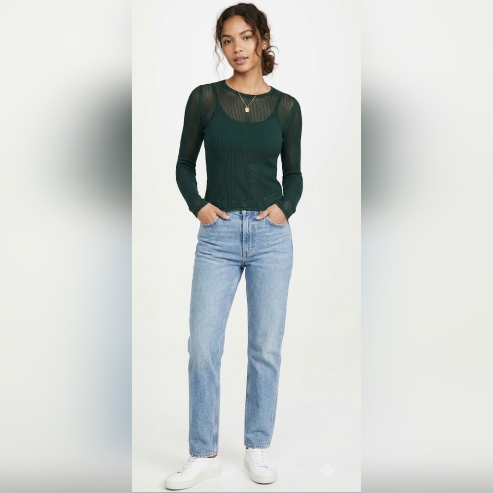 ✨ Sunday Best (Aritzia) Dark Green Open Knit Mesh Long Sleeve Sweater Top - S 💚